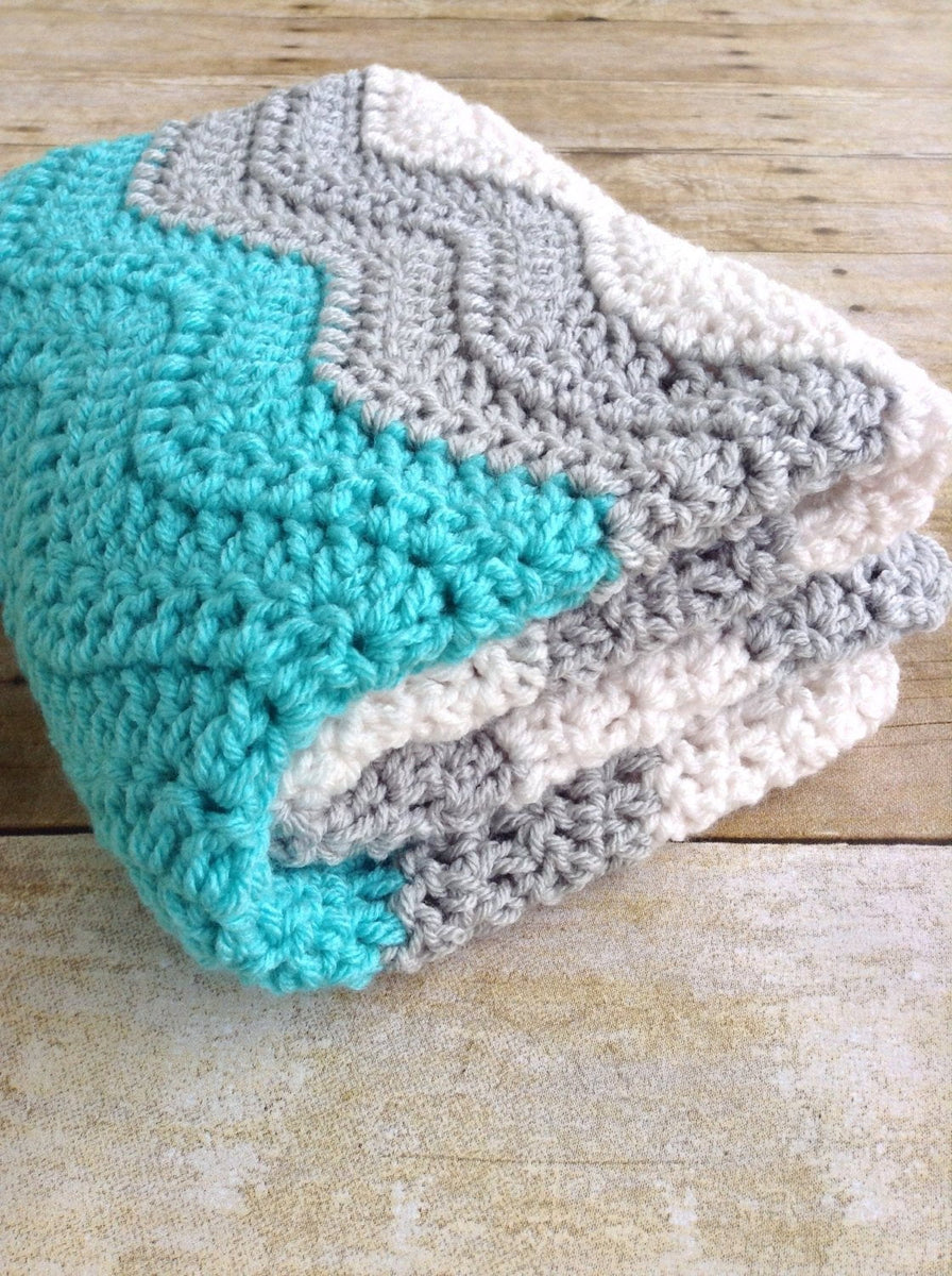 Handmade Baby Gift Handmade Baby Boy Blanket Aqua, Grey and White