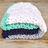 chunky crochet handmade baby blanket in navy, mint green, grey amd white chevron stripes from Design by AW