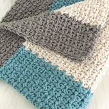 Modern Crochet Baby Blanket for Boys | Ocean Blue, Grey and Cream | Baby Gift