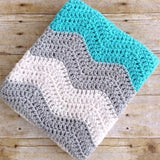 handmade crochet baby blanket, aqua grey white, chevron, baby boy blankets, design by aw