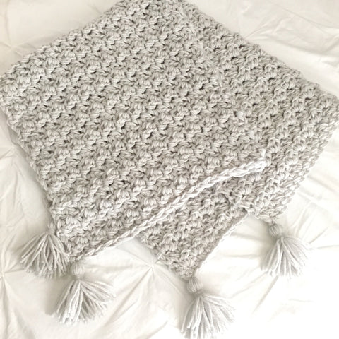 Chunky Grey Neutral Baby Blanket with Tassels