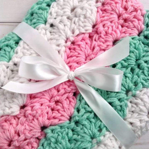 Baby Girl Crochet Blanket in Pink, Mint, and White Chunky Stripes