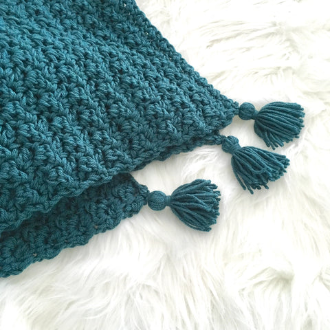 Chunky Teal Crochet Baby Blanket with Tassels